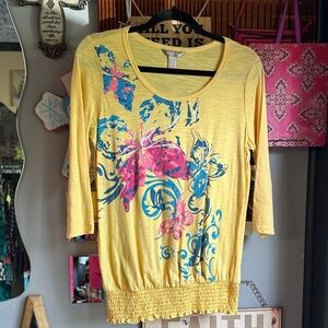 White Stag Yellow Top with Blue and Pink Butterfly Design